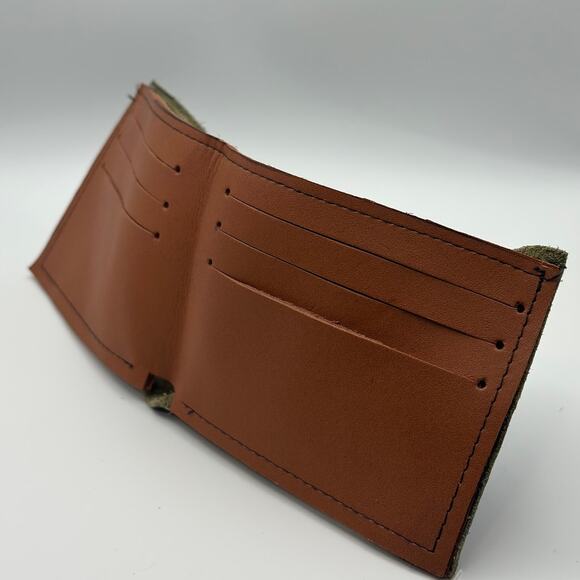 Handmade Camo Green Brown Leather Wallet Oaxaca Minimalist - Picture 6 of 11